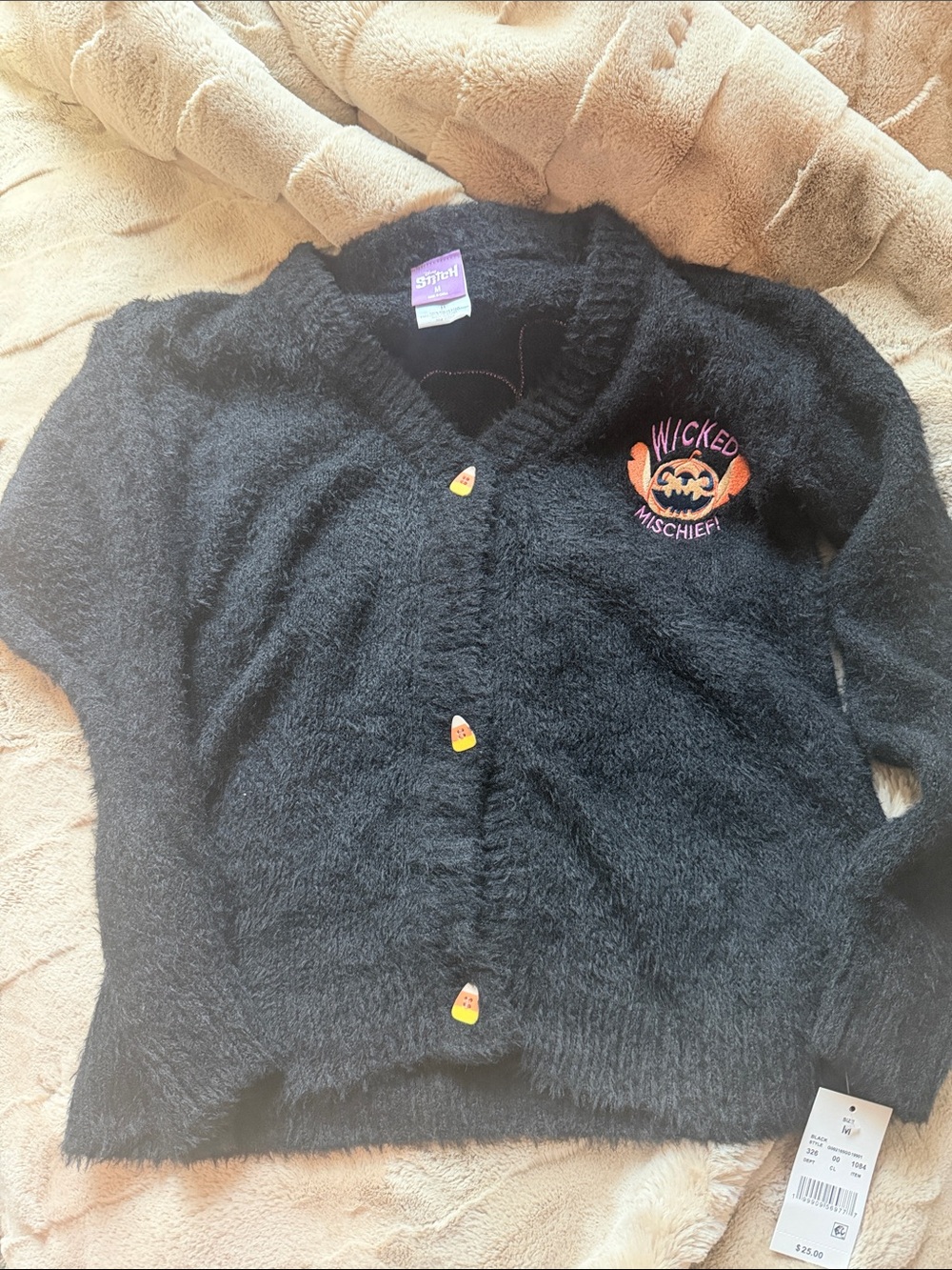 Disney Stitch Wicked Mischief Black Fuzzy Cardigan Sweater - Kids